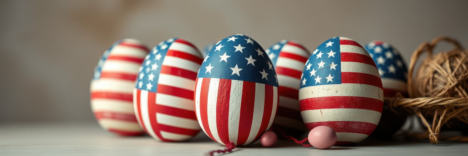 Colorful decorative eggs featuring American flag patterns for a patriotic celebration or holiday